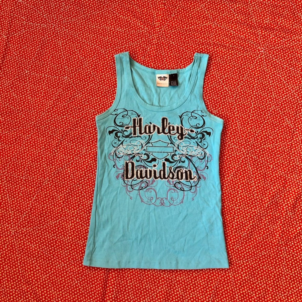 Harley Davidson Womens Blue Graphic Ribbed Tank Top Large Made in USA